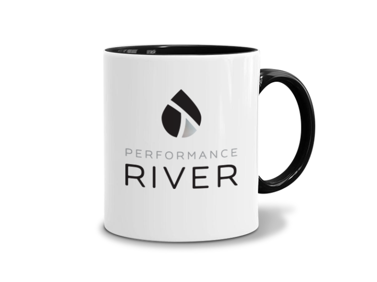 A mug displays the Performance River logo, designed by FatRabbit Creative