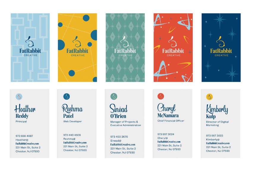 Mockups of business cards for FatRabbit Creative employees