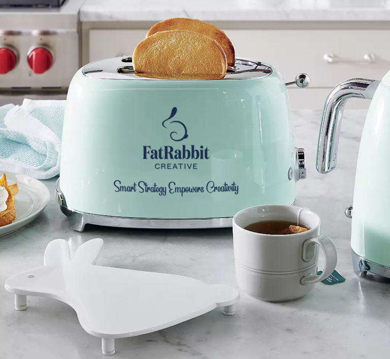 Mockup of toaster with the FatRabbit Creative logo on the side