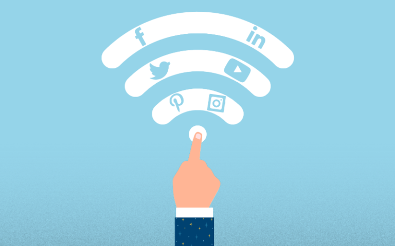 Illustration of hand touching center of Wifi symbol with social media icons in each band