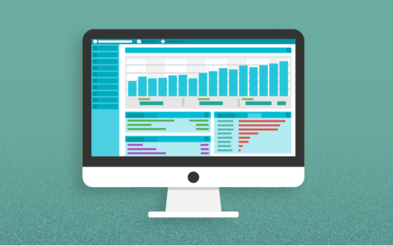 Illustration of a computer monitor displaying charts and data