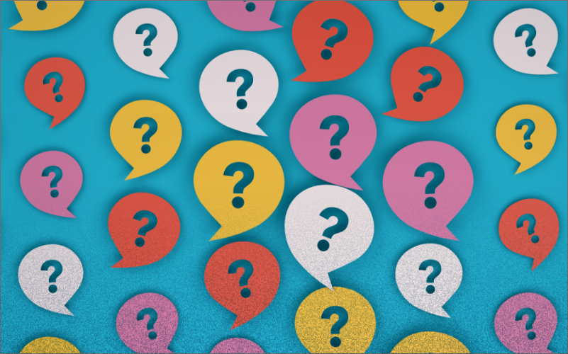 Repeating pattern of question marks in colorful speech bubbles