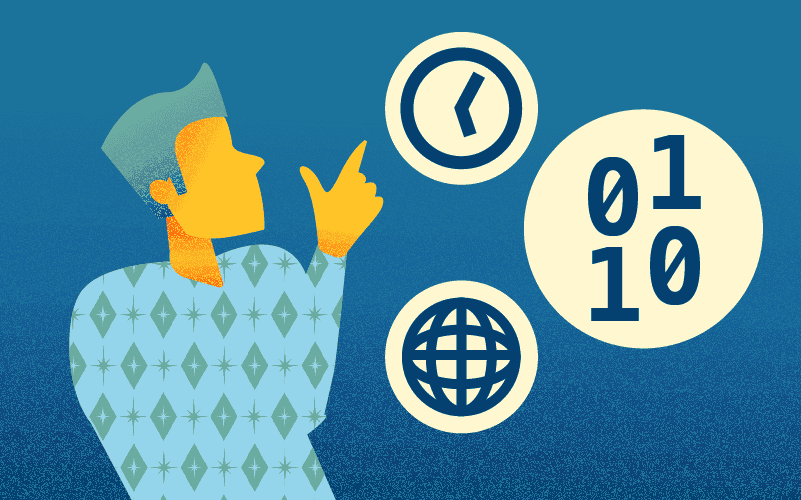 illustration of man looking at bubbles next to him that include a clock, binary code, and the internet symbol
