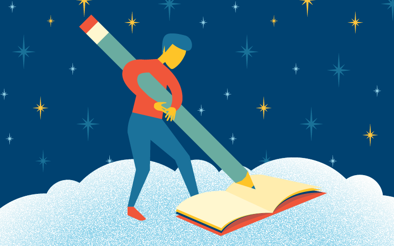 Illustration of man standing on a cloud in the night sky writing with a large pencil in a large book