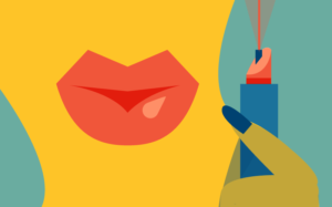 Illustration of a close up of a woman holding a laser pointer next to her mouth