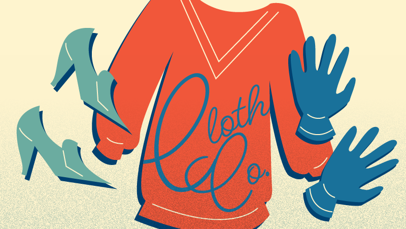 Illustration of a fictional clothing company Cloth Co with a sweater, shoes, and gloves