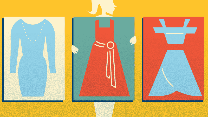 Illustration of woman standing behind different dress silhouettes