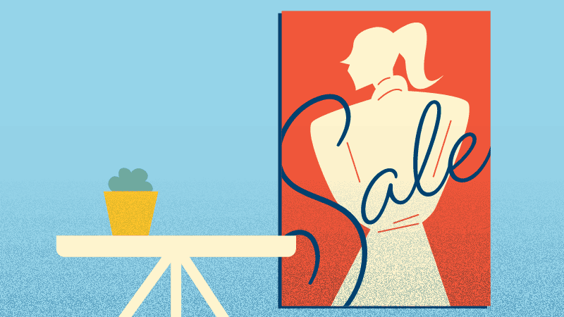 Illustration of an area in a store with a plant on a table and a large sale poster