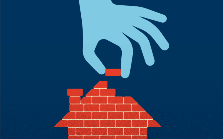 Illustration of large hand placing brick on top of a house