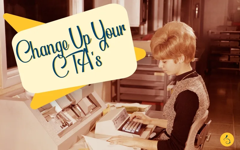 creative call to action illustration with a woman at a typewriter