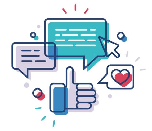 Illustration of overlapping chat text bubbles and social media like icons