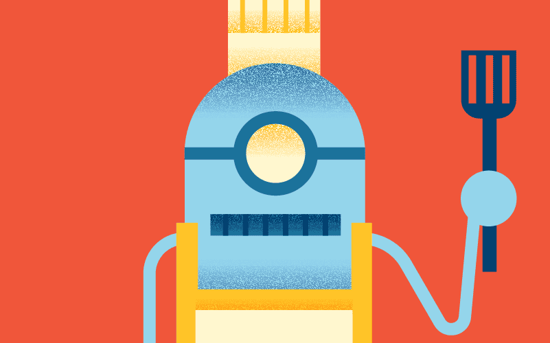 Illustration of robot chef with spatula in hand wearing a chef hat