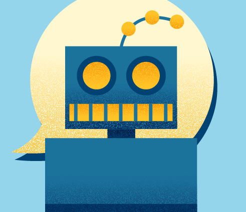 Illustration of a robot in front of a blank chat bubble