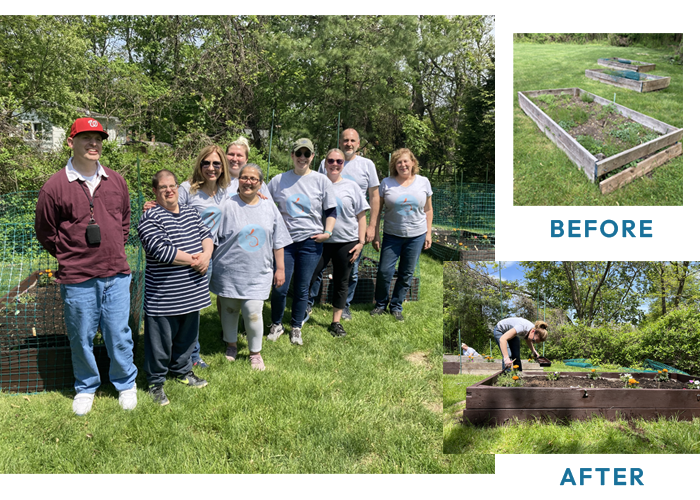 A photo collage of the FatRabbit Creative team creating vegetable gardens at Rose House on a philanthropy day
