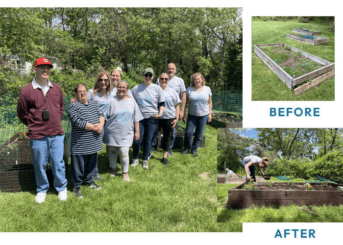 A photo collage of the FatRabbit Creative team creating vegetable gardens at Rose House on a philanthropy day